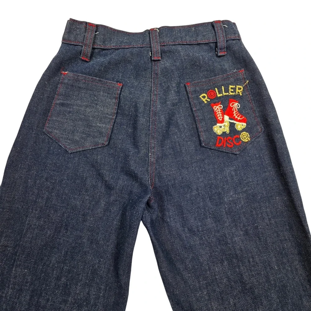 Vintage JC Penney Roller Disco Denim Jeans Dark Wash Red Stitching Girls 14